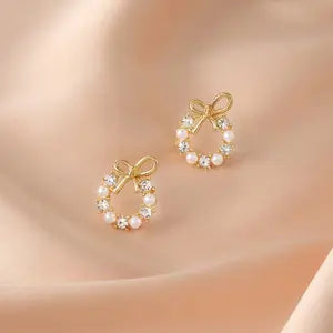 Faux Pearl & Rhinestone Decorated Bow Design Stud Earrings (1 Pair), High Quality Earrings, Elegant Cute Jewelry