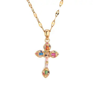 Women's Vintage Zircon Cross Necklace: Gold-plated pendant set with colored gemstones. A stylish religious